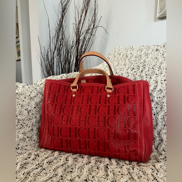Carolina Herrera Handbags - Carolina Herrera Red Monogram Leather Andy Tote
